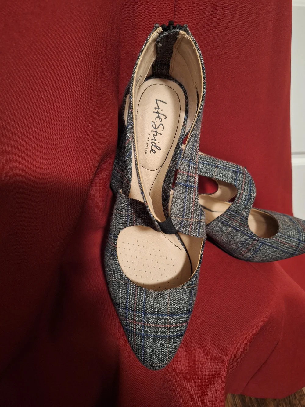 Life Stride Women's Plaid Mary Jane Pumps in Gray and Burgandy Plaid